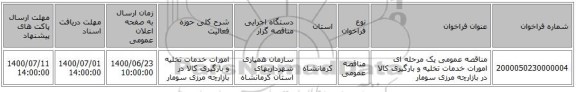 مناقصه عمومی یک مرحله ای امورات خدمات تخلیه و بارگیری کالا در بازارچه مرزی سومار