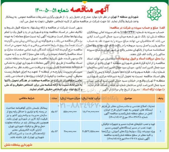 مناقصه،مناقصه عملیات اصلاح هندسی و مناسب سازی معابر در حریم ایستگاه های اتوبوس.....