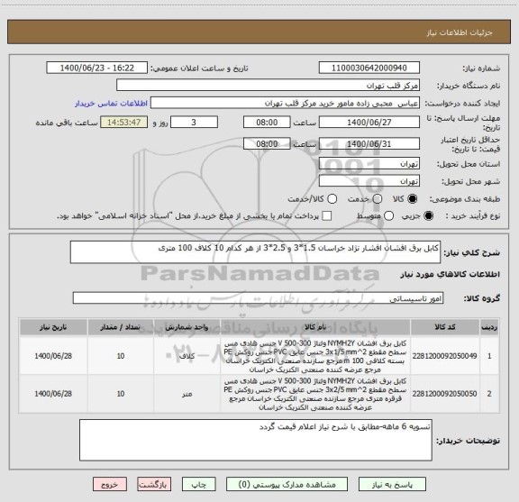 استعلام کابل برق افشان افشار نژاد خراسان 1.5*3 و 2.5*3 از هر کدام 10 کلاف 100 متری