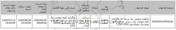 مناقصه عمومی یک مرحله ای واگذاری کلیه عملیات برق رسانی در حوزه امور توزیع برق رضوانشهر (1400-152)