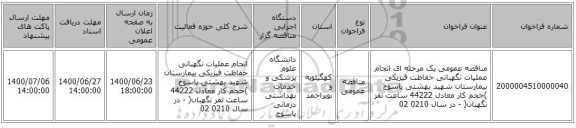 مناقصه عمومی یک مرحله ای انجام عملیات نگهبانی حفاظت فیزیکی بیمارستان شهید بهشتی یاسوج )حجم کار معادل 44222 ساعت نفر نگهبان( - در سال 0210 02