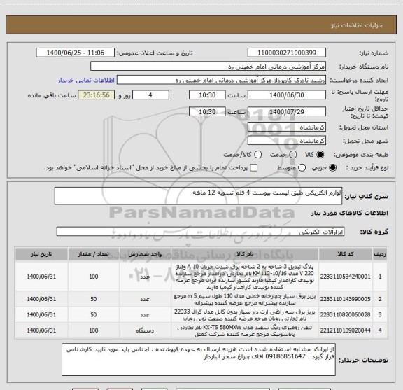 استعلام لوازم الکتریکی طبق لیست پیوست 4 قلم تسویه 12 ماهه 