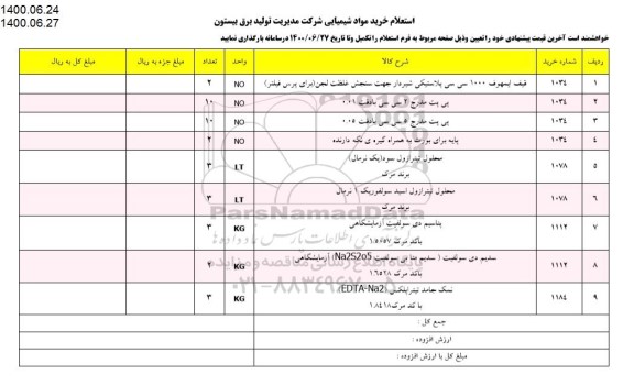 استعلام، استعلام خرید مواد شیمیایی شرکت