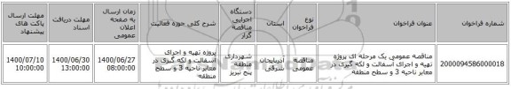 مناقصه عمومی یک مرحله ای پروژه تهیه و اجرای آسفالت و لکه گیری در معابر ناحیه 3 و سطح منطقه