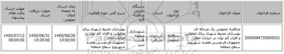 مناقصه عمومی یک مرحله ای بهسازی محیط شهری برای معلولین و افراد کم توان در خیابان امام، جمهوری،فردوسی،هفده شهریورو سطح منطقه