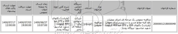 مناقصه عمومی یک مرحله ای اجرای عملیات رفع کلیه موانع مسیر و دسترسی برای تعویض (واریانت) دکلهای 269 و 270 خط 400 کیلوولت شهید عباسپور- نیروگاه رودبار