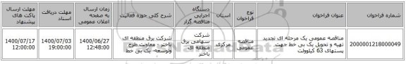 مناقصه عمومی یک مرحله ای تجدید تهیه و تحویل یک بی خط جهت پستهای 63 کیلوولت 