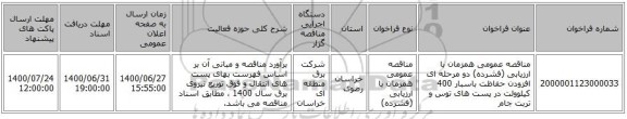 مناقصه عمومی همزمان با ارزیابی (فشرده) دو مرحله ای افزودن حفاظت باسبار 400 کیلوولت در پست های توس و تربت جام