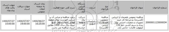 مناقصه عمومی همزمان با ارزیابی (فشرده) دو مرحله ای خرید تجهیزات و عملیات اجرایی برج بندی و سیم کشی خط 132 کیلوولت قائنات- حاجی آباد.