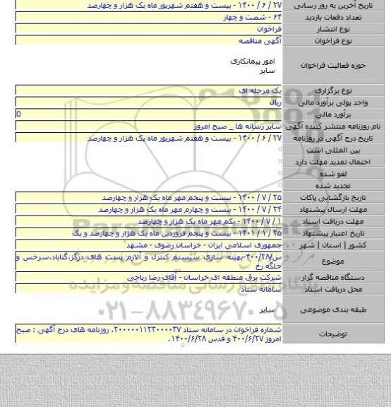 س/۴۰۰/۲۸-بهینه سازی سیستم کنترل و آلارم پست های درگز،گناباد،سرخس و جلگه رخ