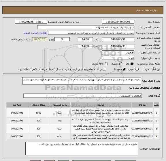 استعلام  خرید  نهال های مورد نیاز و تحویل آن در شهرداری زاینده رود میباشد هزینه حمل به عهده فروشنده می باشد 