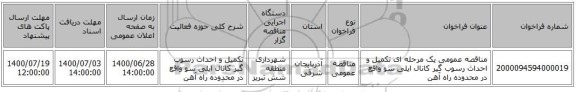 مناقصه عمومی یک مرحله ای تکمیل و احداث رسوب گیر کانال ایلی سو واقع در محدوده راه آهن