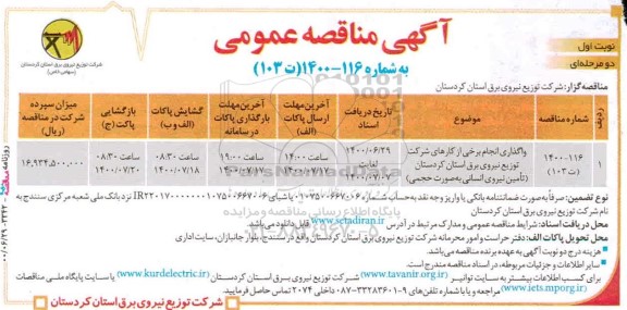 مناقصه، مناقصه واگذاری انجام برخی از کارهای شرکت 