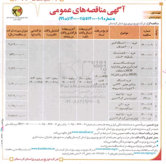 مناقصه، مناقصه خرید 10000 دستگاه کنتور و 6000 عدد قاب ...