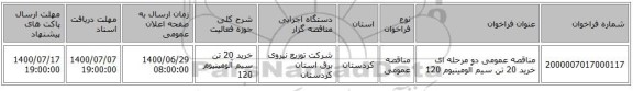 مناقصه عمومی دو مرحله ای خرید 20 تن سیم آلومینیوم 120