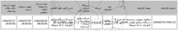 مناقصه عمومی دو مرحله ای خرید 6 دستگاه دژنکتور هوایی 630 آمپر، 20 کیلو ولت با رله مربوطه