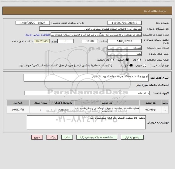 استعلام تجهیز چاه شماره 6شهر مهاجران شهرستان بهار