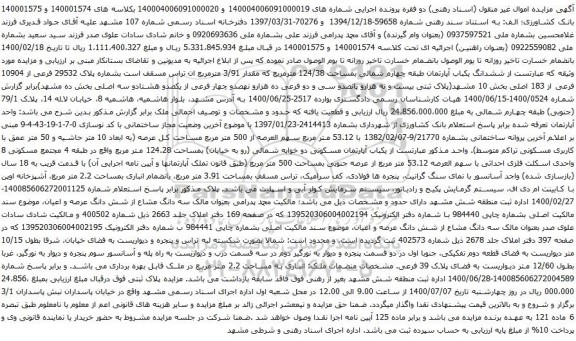 آگهی مزایده ششدانگ یکباب آپارتمان طبقه چهارم شمالی بمساحت 124/38 مترمربع