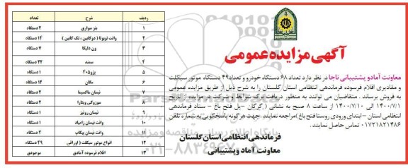 مزایده تعداد 68 دستگاه خودرو و تعداد 49 دستگاه موتورسیکلت ...