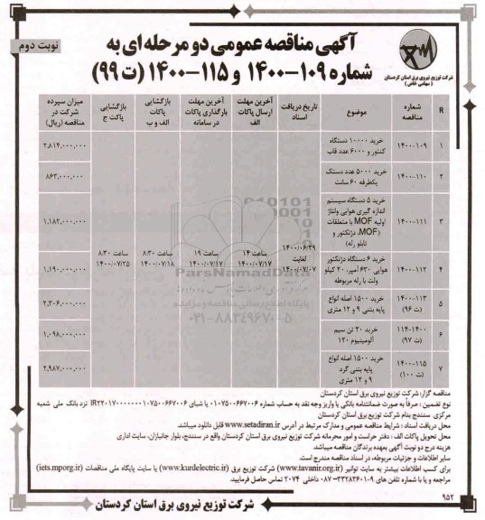 مناقصه خرید 10000 دستگاه کنتور و 6000 عدد قاب ...نوبت دوم 