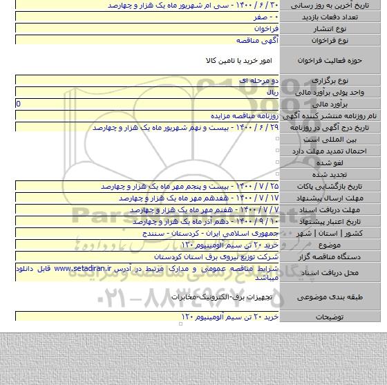 خرید ۲۰ تن سیم آلومینیوم ۱۲۰