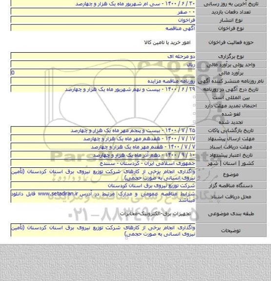 واگذاری انجام برخی از کارهای شرکت توزیع نیروی برق استان کردستان (تأمین نیروی انسانی به صورت حجمی)