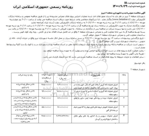 مناقصه، مناقصه اجرای عملیات لکه گیری آسفالت و...