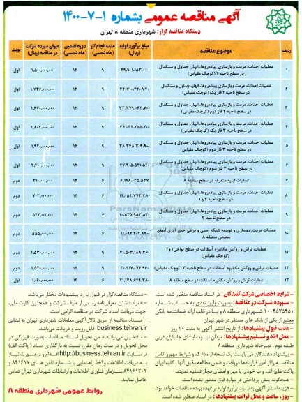 مناقصه، مناقصه عملیات احداث، مرمت و بازسازی پیاده روها، انهار، جداول و سنگدال  ...