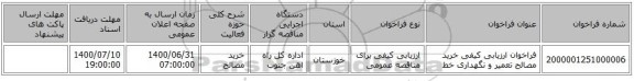 فراخوان ارزیابی کیفی خرید مصالح تعمیر و نگهداری خط