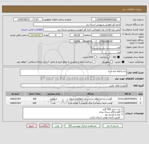 استعلام ران و فیله تازه مرغ