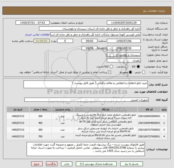 استعلام خرید تابلو اخطاری و انتظامی و علائم ترافیکی ( طبق فایل پیوست ) 