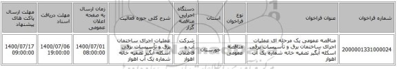 مناقصه عمومی یک مرحله ای عملیات اجرای ساختمان برق و تأسیسات برقی اسکله آبگیر تصفیه خانه شماره یک آب اهواز