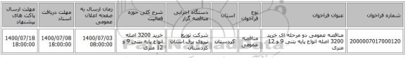 مناقصه عمومی دو مرحله ای خرید 3200 اصله انواع پایه بتنی 9 و 12 متری