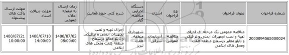 مناقصه عمومی یک مرحله ای  اجرای تهیه و نصب تجهیزات ایمنی و ترافیکی و تابلو معابر درسطح منطقه هفت ومحل های ابلاغی