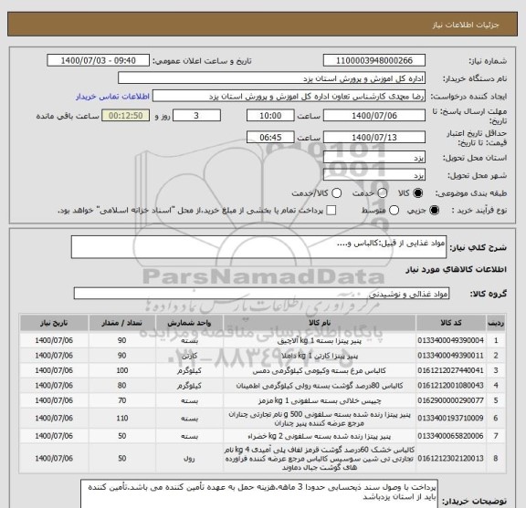 استعلام مواد غذایی از قبیل:کالباس و....