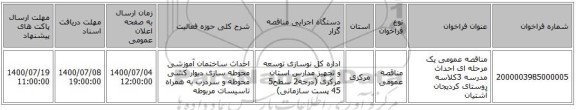 مناقصه عمومی یک مرحله ای احداث مدرسه 3کلاسه روستای کردیجان آشتیان