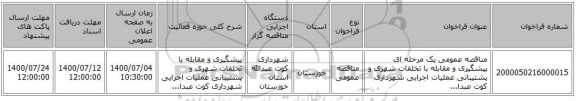 مناقصه عمومی یک مرحله ای پیشگیری و مقابله با تخلفات شهری و پشتیبانی عملیات اجرایی شهرداری کوت عبدا...