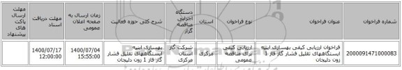 فراخوان ارزیابی کیفی بهسازی ابنیه ایستگاههای تقلیل فشار گاز فاز 1 زون دلیجان