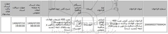 فراخوان ارزیابی کیفی نصب 400 انشعاب فولادی پراکنده شهرستان شادگان،خنافره،دارخوین و روستاهای تابعه (تجدید شده)