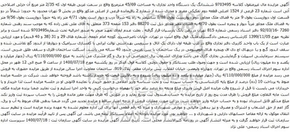 آگهی مزایده ششدانگ یک دستگاه واحد تجاری به مساحت 45/69 مترمربع 