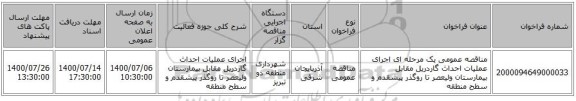 مناقصه عمومی یک مرحله ای اجرای عملیات احداث گاردریل مقابل بیمارستان ولیعصر تا روگذر پیشقدم و سطح منطقه  