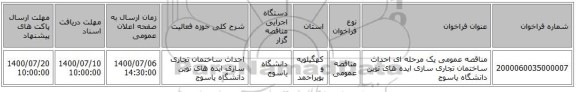 مناقصه عمومی یک مرحله ای احداث ساختمان تجاری سازی ایده های نوین دانشگاه یاسوج