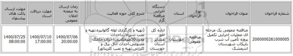 مناقصه عمومی یک مرحله ای عملیات اجرایی تکمیل پروژه تأمین آب شرب باریکاب شهرستان اندیمشک