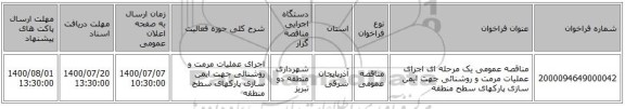 مناقصه عمومی یک مرحله ای اجرای عملیات مرمت و روشنائی جهت ایمن سازی پارکهای سطح منطقه