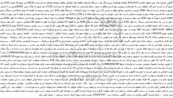 آگهی مزایده ششدانگ یک دستگاه آپارتمان قطعه اول تفکیکی واقع درطبقه همکف به مساحت 48/35 متر مربع