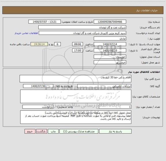 استعلام اقلام یدکی خط 33 کیلو وات