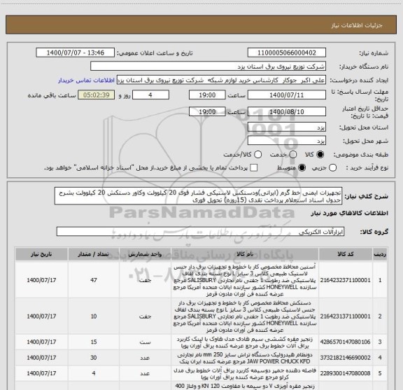 استعلام تجهیزات ایمنی خط گرم (ایرانی)ودستکش لاستیکی فشار قوی 20 کیلوولت وکاور دستکش 20 کیلوولت بشرح جدول اسناد استعلام پرداخت نقدی (15روزه) تحویل فوری 