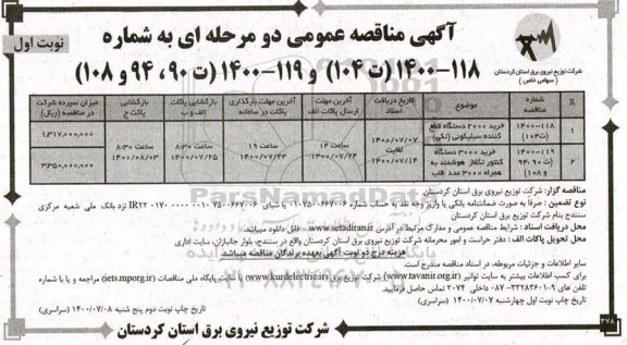 مناقصه،مناقصه خرید 2000 دستگاه قطع کننده سیلیکونی .....