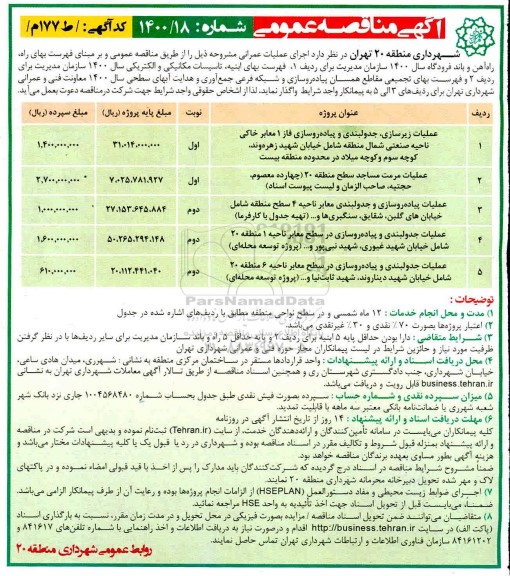 مناقصه عملیات زیرسازی ، جدولبندی و پیاده روسازی ...