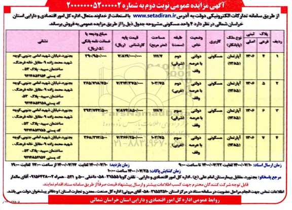 مزایده،مزایده فروش 4 واحد مسکونی نوبت دوم